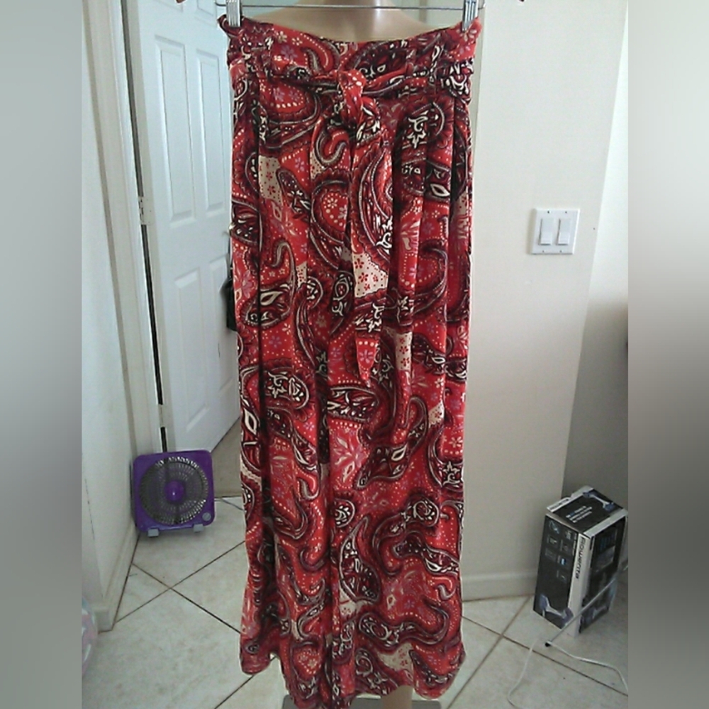 NWOT Free People Red Paisley WIDE LEG PANTS W/ BELT SIMPLE BEAUTIFUL SZ. SM